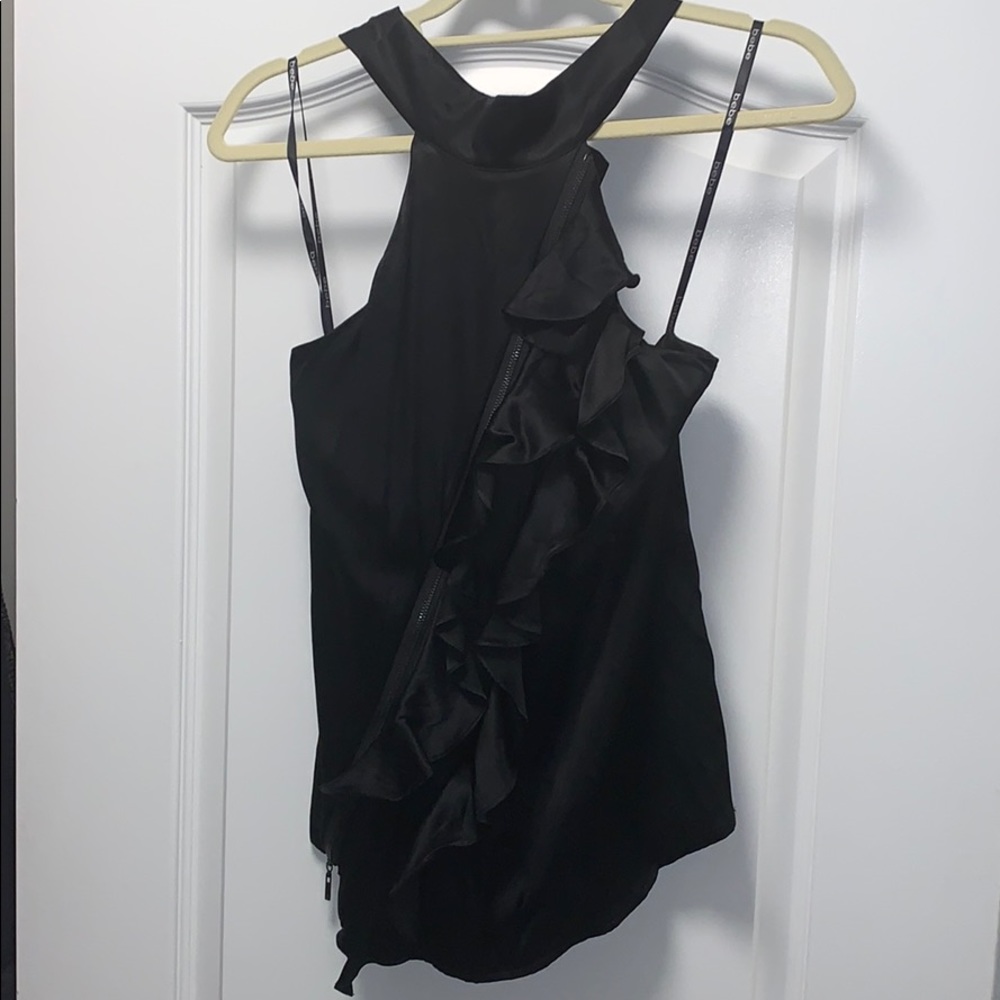 BEBE Black diagonal zip halter top (size S)
